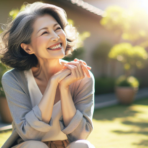 menopause aged woman smiling with sunlight and foliage in the background