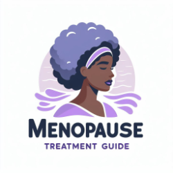 Menopause Treatment Guide logo; a black woman in purple clothes with an afro and purple headband.