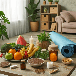 living room with a display of natural foods and a rolled-up yoga mat