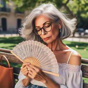 menopause aged woman sitting on a wooden park bench hold a foldable fan